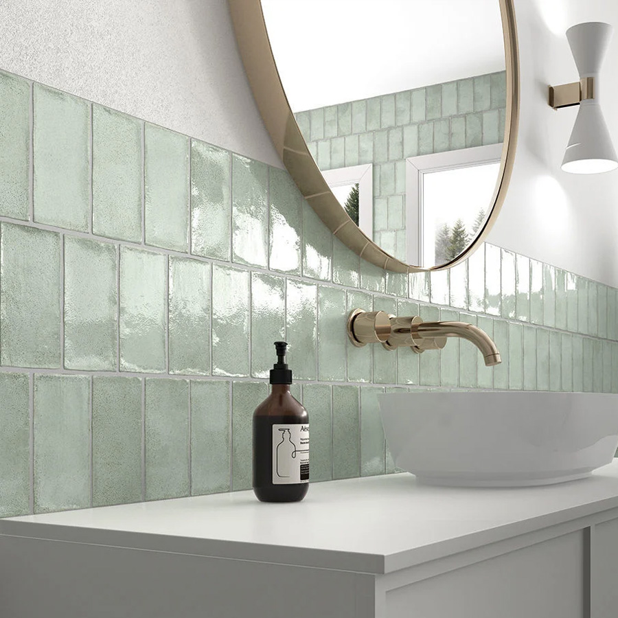 Vertical Valentina matcha green metro wall tiles